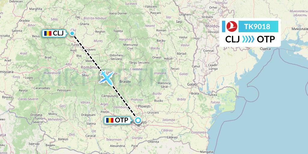 TK9018 Turkish Airlines Flight Map: Cluj-Napoca to Bucharest