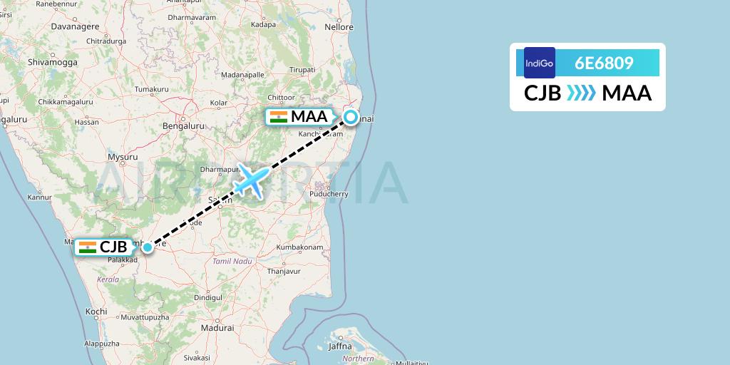 6E6809 IndiGo Airlines Flight Map: Coimbatore to Chennai