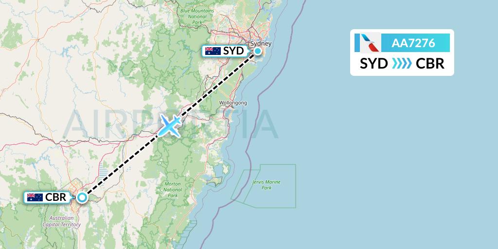 AA7276 American Airlines Flight Map: Sydney to Canberra