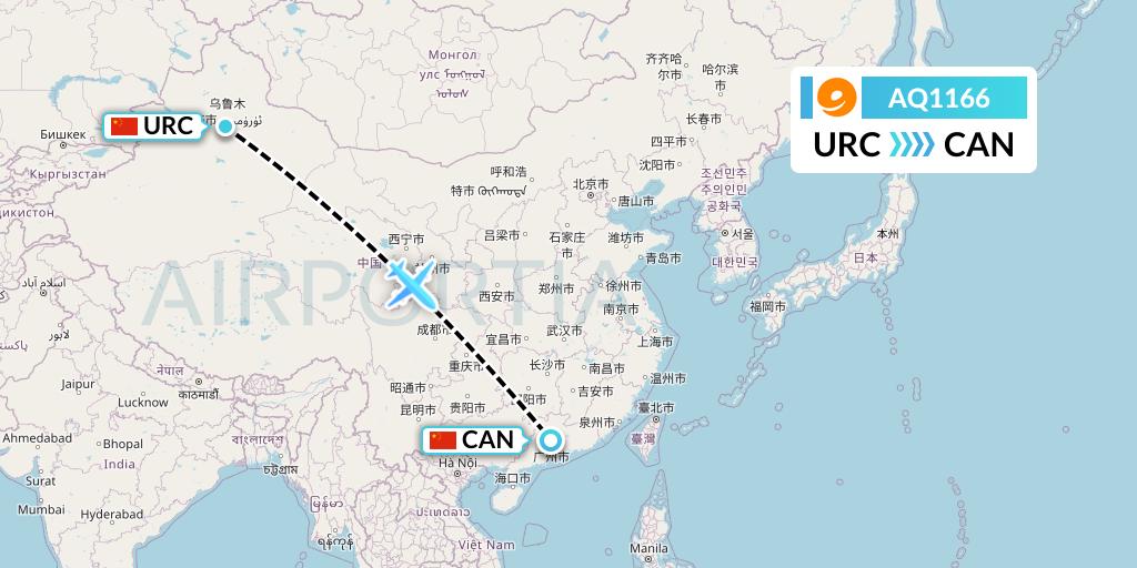 AQ1166 9 Air Flight Map: Urumqi to Guangzhou