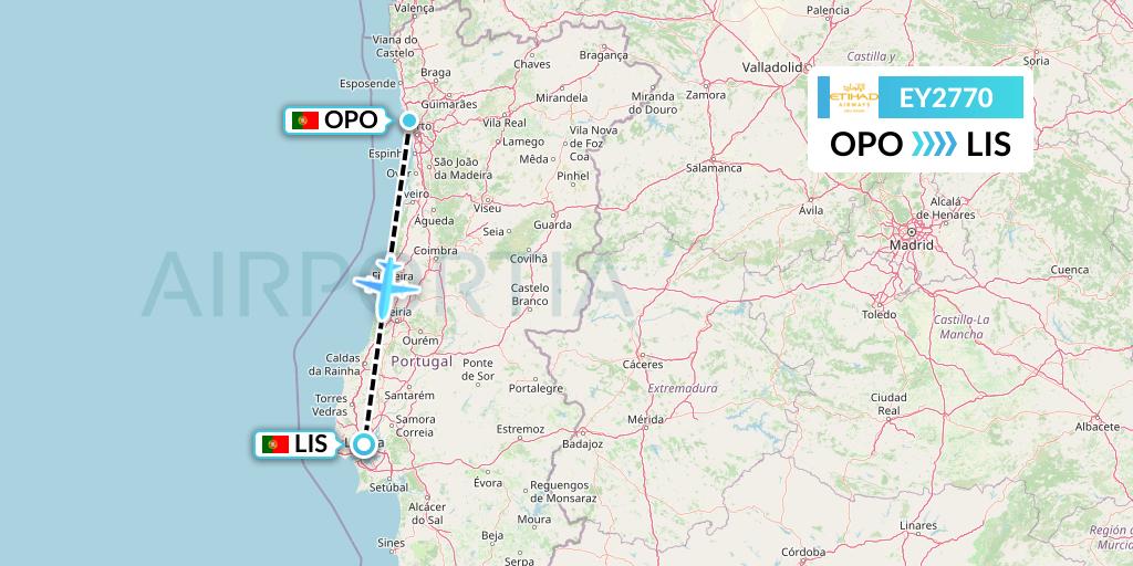 EY2770 Etihad Airways Flight Map: Porto to Lisbon