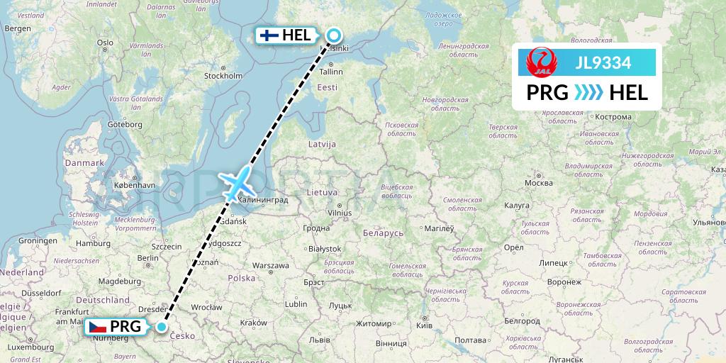JL9334 Japan Airlines Flight Map: Prague to Helsinki