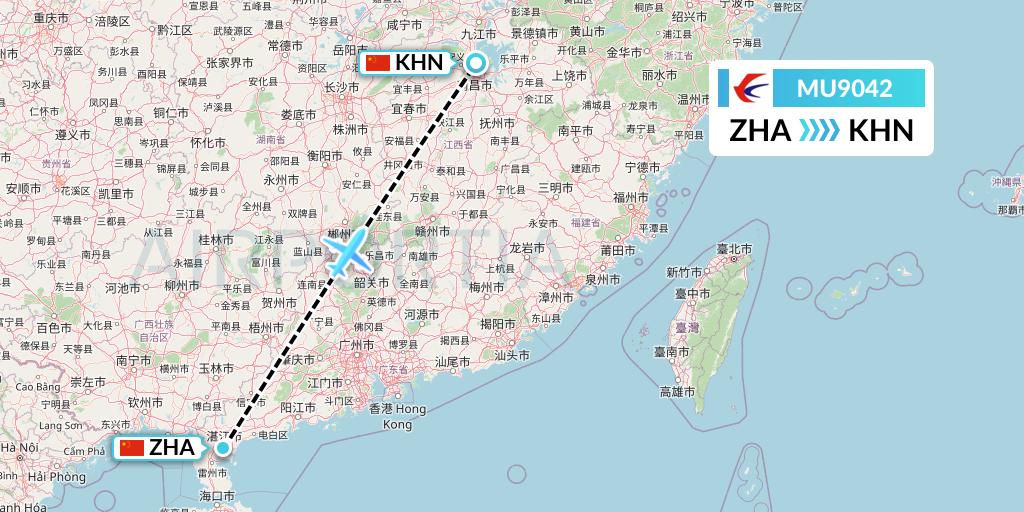 MU9042 China Eastern Airlines Flight Map: Zhanjiang to Nanchang