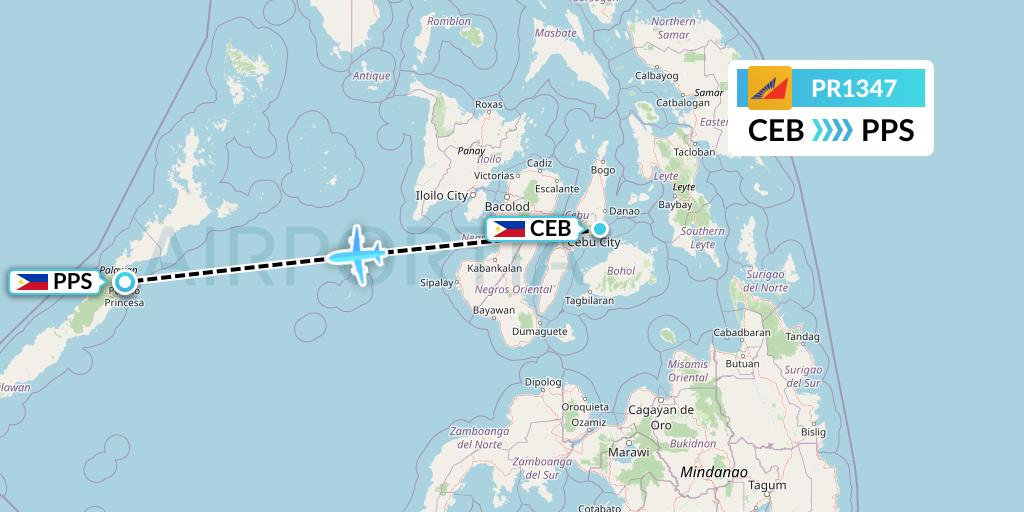 PR1347 Philippine Airlines Flight Map: Cebu to Puerto Princesa City