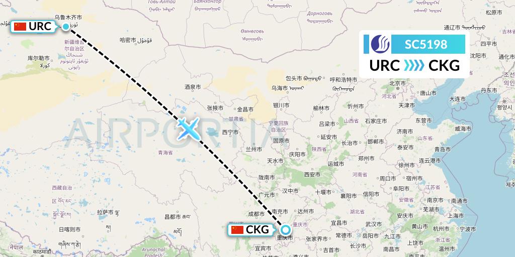 SC5198 Shandong Airlines Flight Map: Urumqi to Chongqing