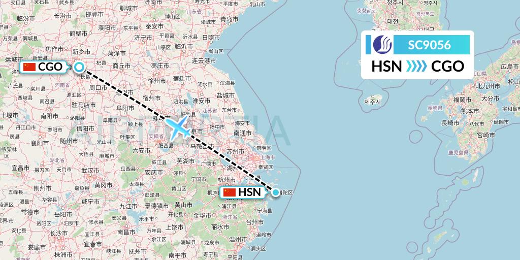 SC9056 Shandong Airlines Flight Map: Zhoushan to Zhengzhou