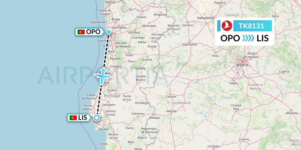 TK8131 Turkish Airlines Flight Map: Porto to Lisbon