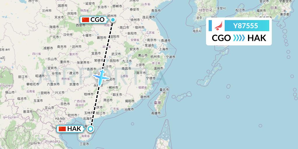 Y87555 Yangtze River Express Flight Map: Zhengzhou to Haikou