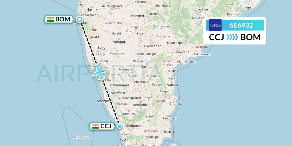 6E6932 IndiGo Airlines Flight Map: Kozhikode to Mumbai