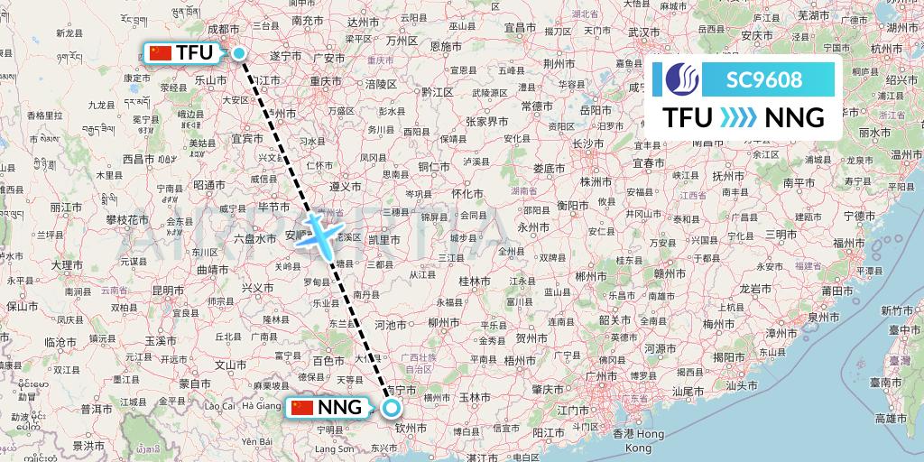 SC9608 Shandong Airlines Flight Map: Chengdu to Nanning