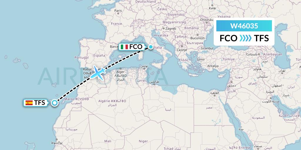 W46035 Wizz Air Malta Flight Map: Rome to Tenerife