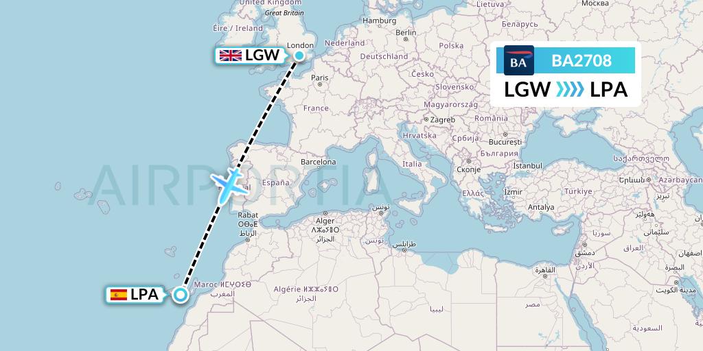 BA2708 British Airways Flight Map: London to Las Palmas