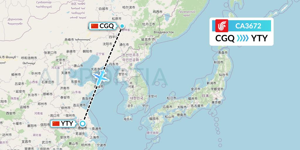 CA3672 Air China Flight Map: Changchun to Yangzhou