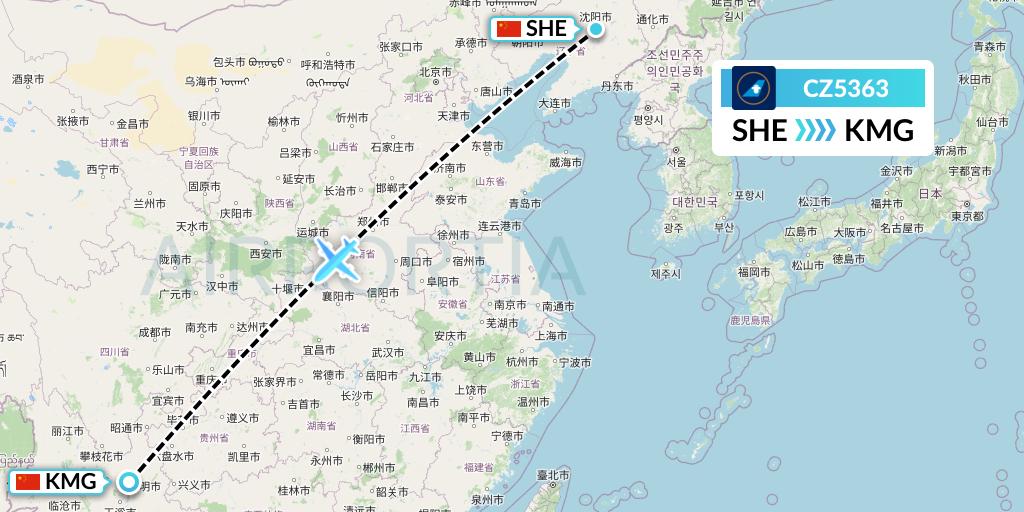 CZ5363 China Southern Airlines Flight Map: Shenyang to Kunming
