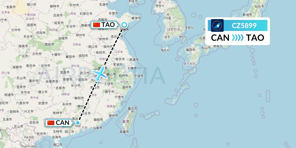 CZ5899 China Southern Airlines Flight Map: Guangzhou to Qingdao