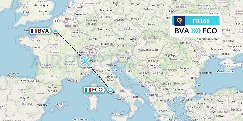 FR166 Ryanair Flight Map: Paris to Rome
