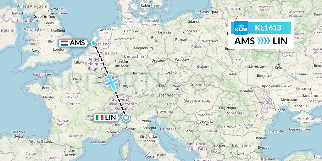 KL1613 KLM Flight Map: Amsterdam to Milan