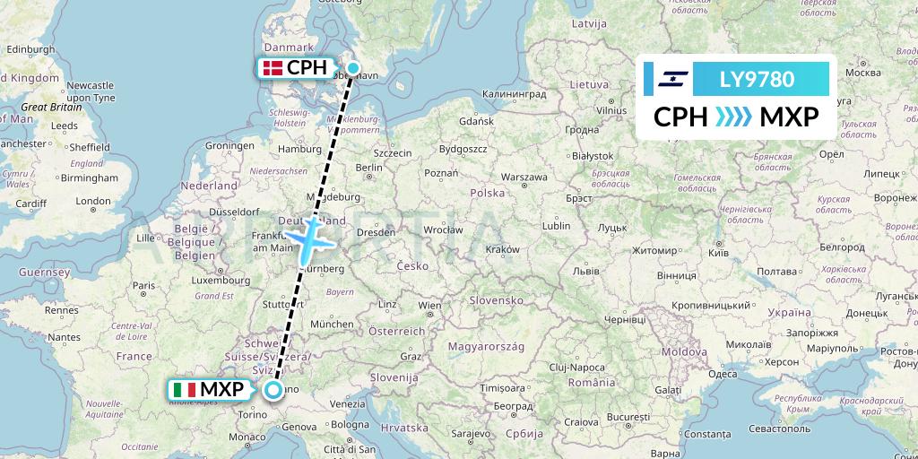 LY9780 El Al Flight Map: Copenhagen to Milan