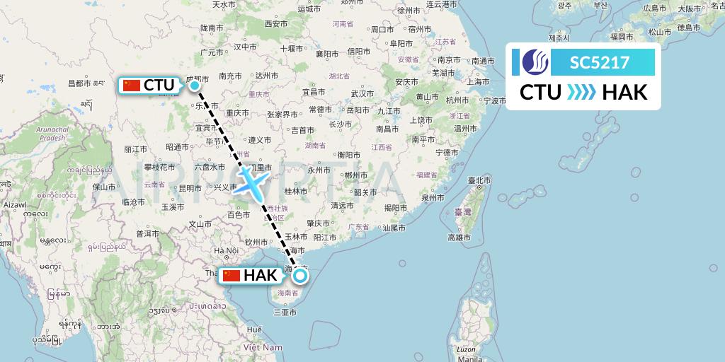 SC5217 Shandong Airlines Flight Map: Chengdu to Haikou