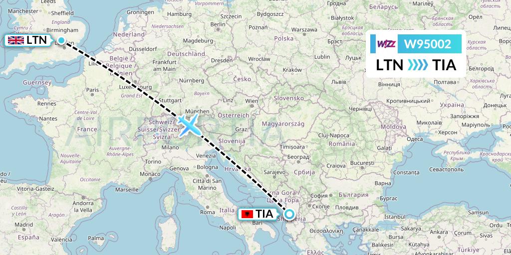 W95002 Wizz Air UK Flight Map: London to Tirana