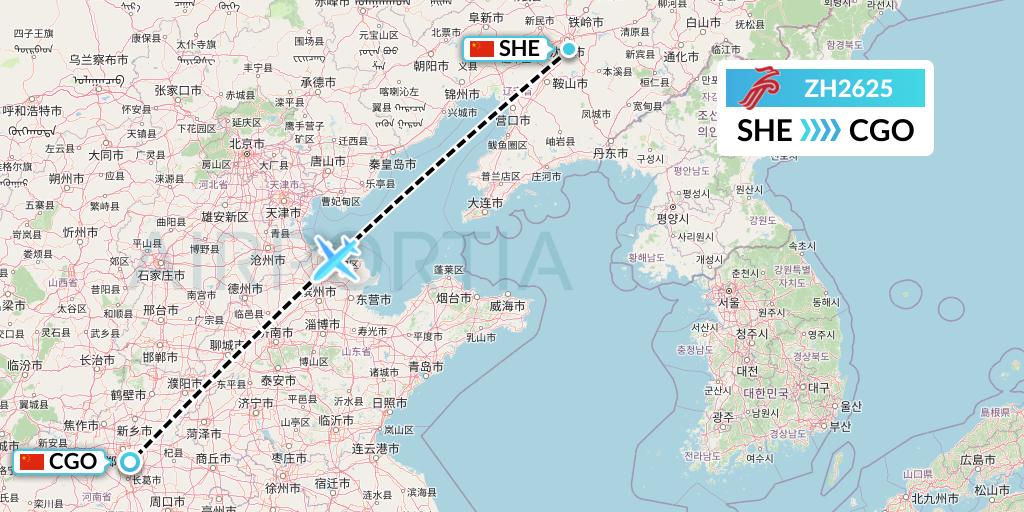 ZH2625 Shenzhen Airlines Flight Map: Shenyang to Zhengzhou