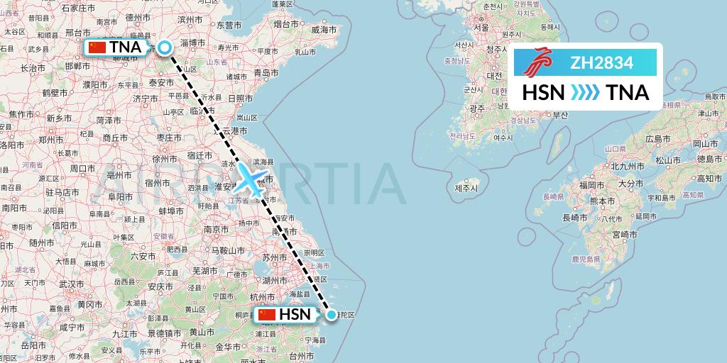 ZH2834 Shenzhen Airlines Flight Map: Zhoushan to Jinan