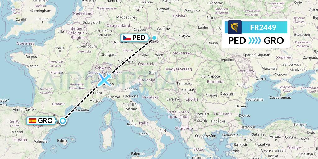 FR2449 Ryanair Flight Map: Pardubice to Girona