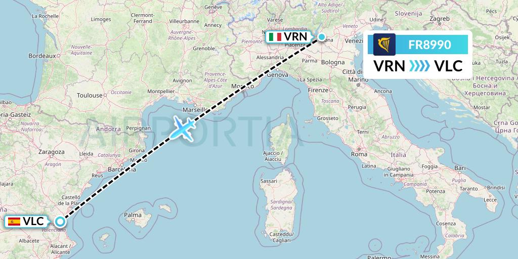 FR8990 Ryanair Flight Map: Verona to Valencia