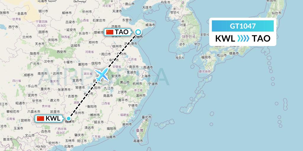 GT1047 Air Guilin Flight Map: Guilin to Qingdao