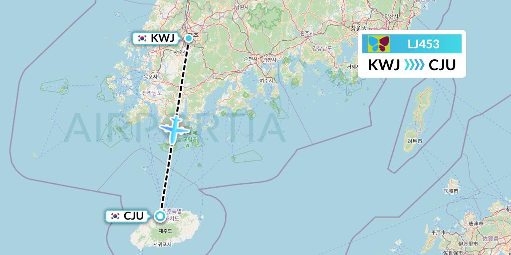 LJ453 Jin Air Flight Map: Gwangju to Jeju