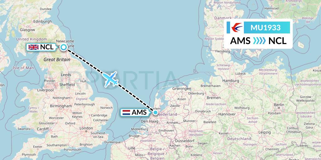 MU1933 China Eastern Airlines Flight Map: Amsterdam to Newcastle