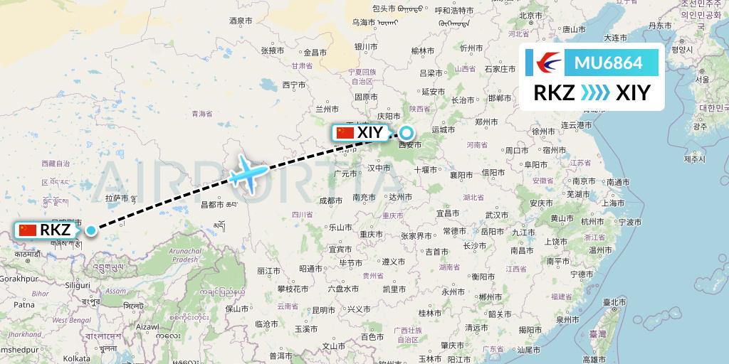 MU6864 China Eastern Airlines Flight Map: Shigatse to Xi'an