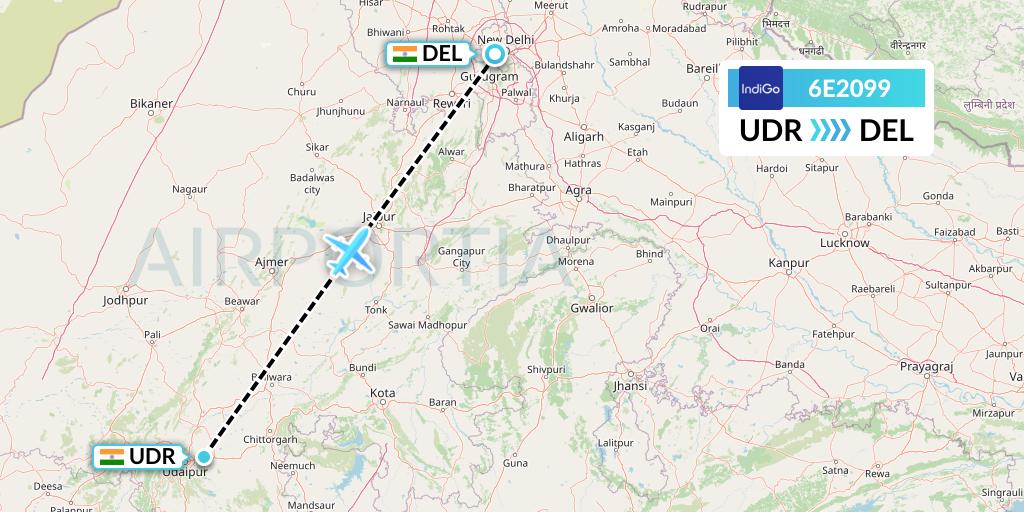 6E2099 IndiGo Airlines Flight Map: Udaipur to Delhi