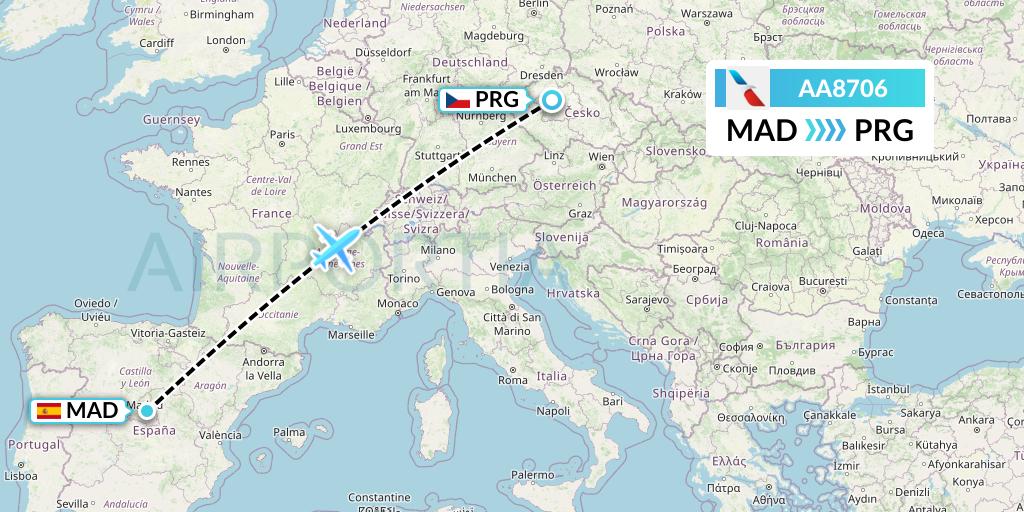 AA8706 American Airlines Flight Map: Madrid to Prague