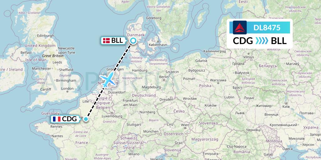 DL8475 Delta Air Lines Flight Map: Paris to Billund