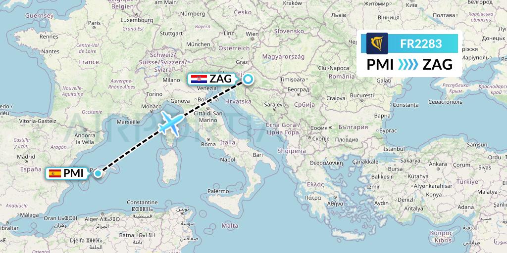FR2283 Ryanair Flight Map: Palma de Mallorca to Zagreb