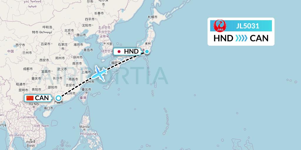 JL5031 Japan Airlines Flight Map: Tokyo to Guangzhou