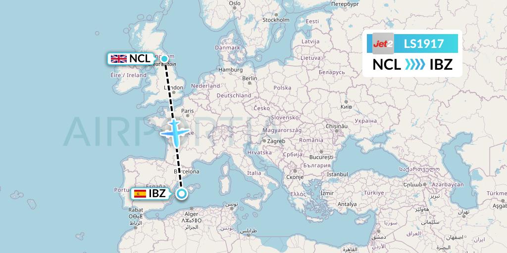 LS1917 Jet2 Flight Map: Newcastle to Ibiza