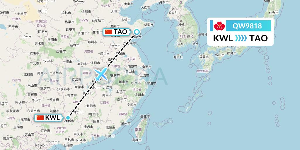 QW9818 Qingdao Airlines Flight Map: Guilin to Qingdao