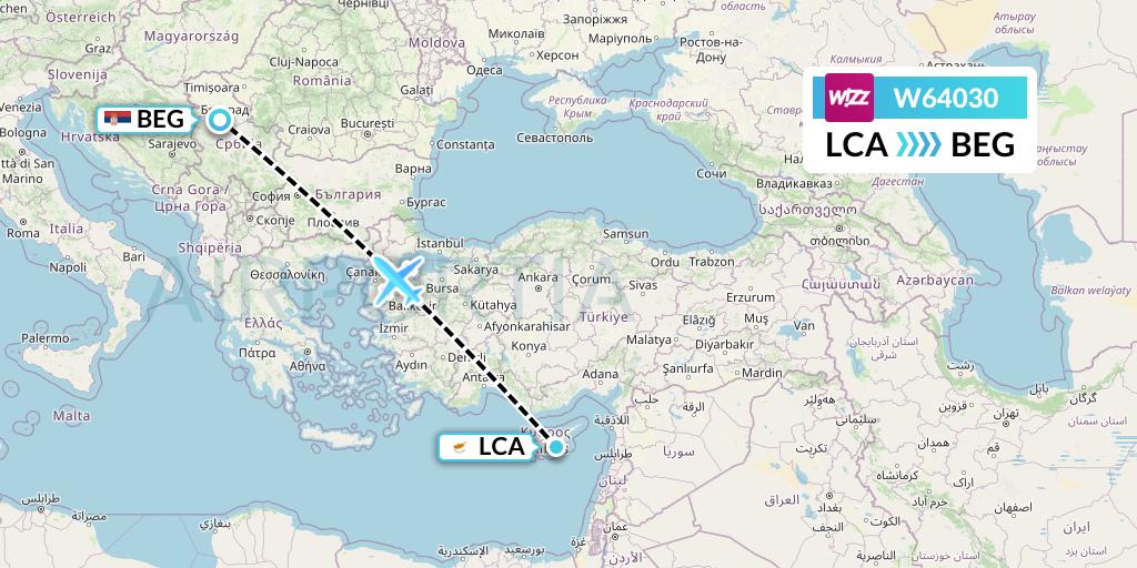 W64030 Wizz Air Flight Map: Larnaca to Belgrade