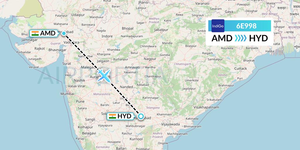6E998 IndiGo Airlines Flight Map: Ahmedabad to Hyderabad