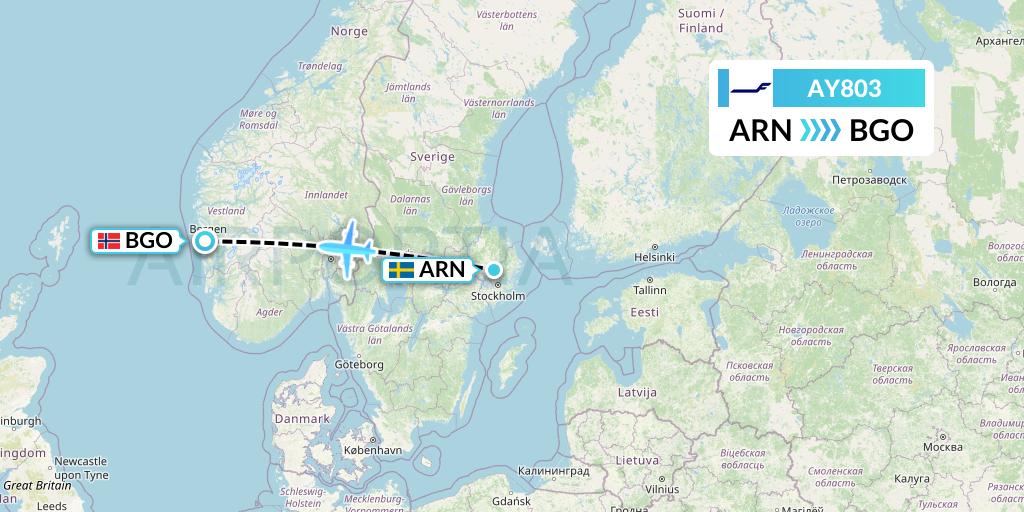 AY803 Finnair Flight Map: Stockholm to Bergen