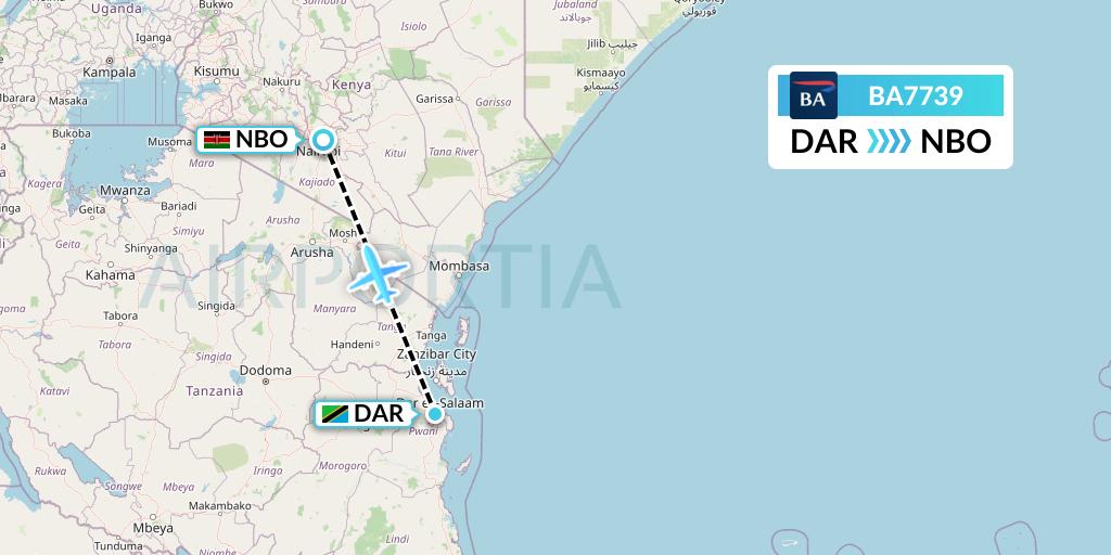 BA7739 British Airways Flight Map: Dar-es-Salaam to Nairobi