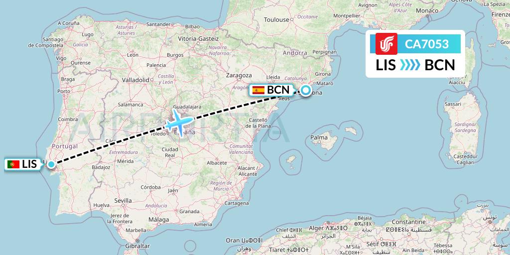 CA7053 Air China Flight Map: Lisbon to Barcelona