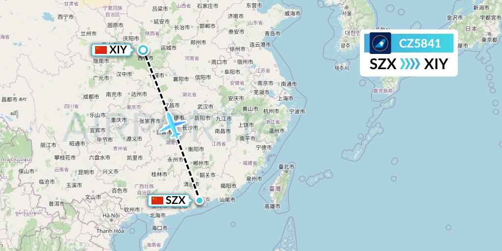 CZ5841 China Southern Airlines Flight Map: Shenzhen to Xi'an