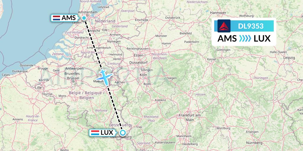 DL9353 Delta Air Lines Flight Map: Amsterdam to Luxembourg
