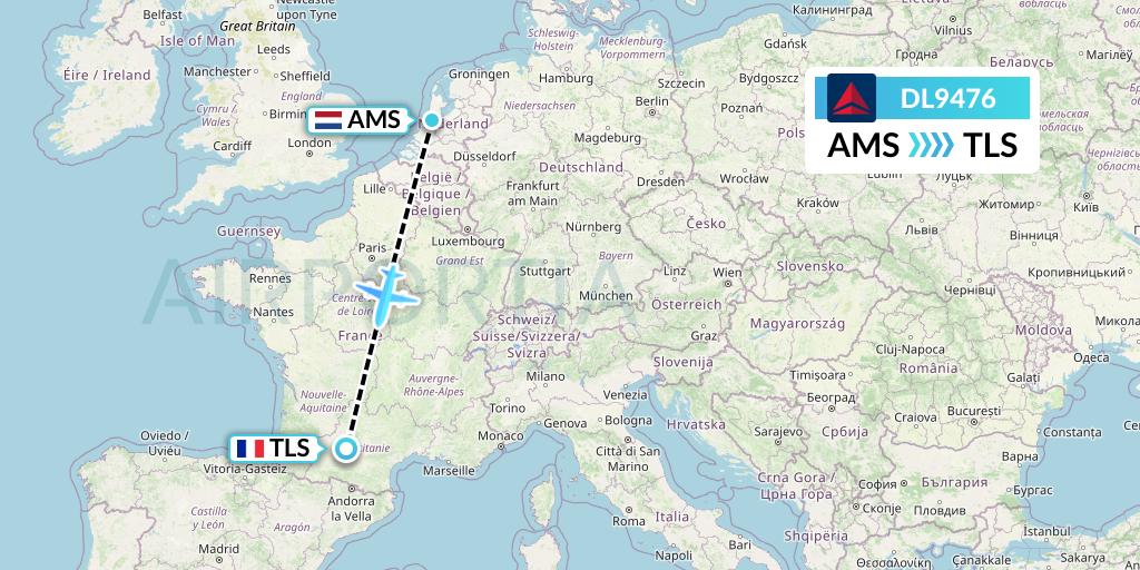 DL9476 Delta Air Lines Flight Map: Amsterdam to Toulouse