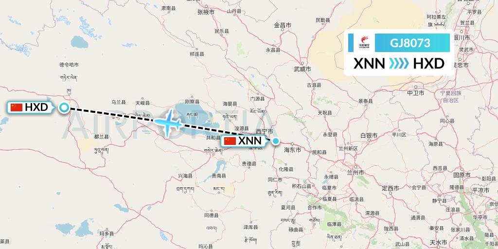 GJ8073 Loong Airlines Flight Map: Xining to Delingha