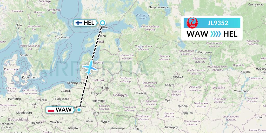 JL9352 Japan Airlines Flight Map: Warsaw to Helsinki