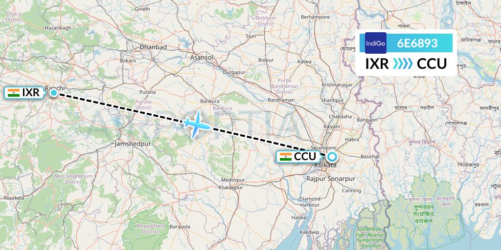 6E6893 IndiGo Airlines Flight Map: Ranchi to Kolkata